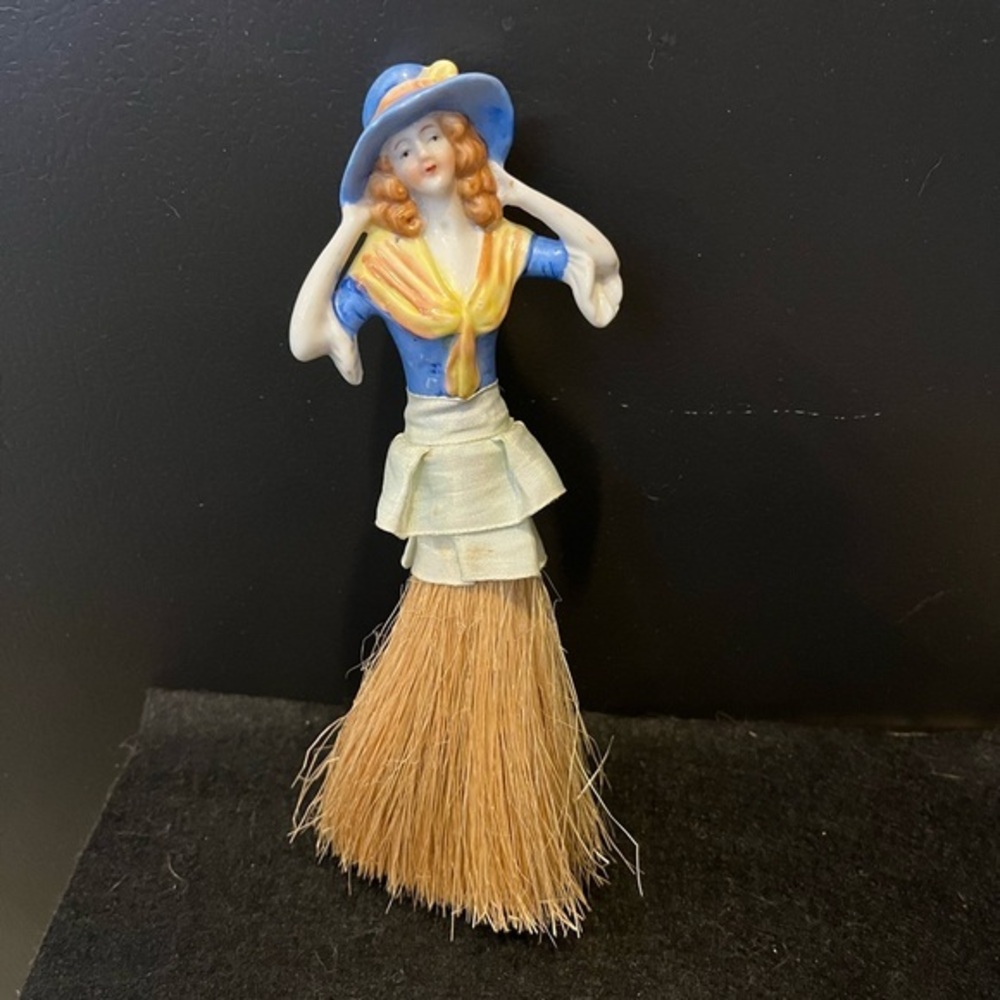 Vintage Lady Figurine Brush with Blue Hat Wisk Crumb Brush Made in Japan